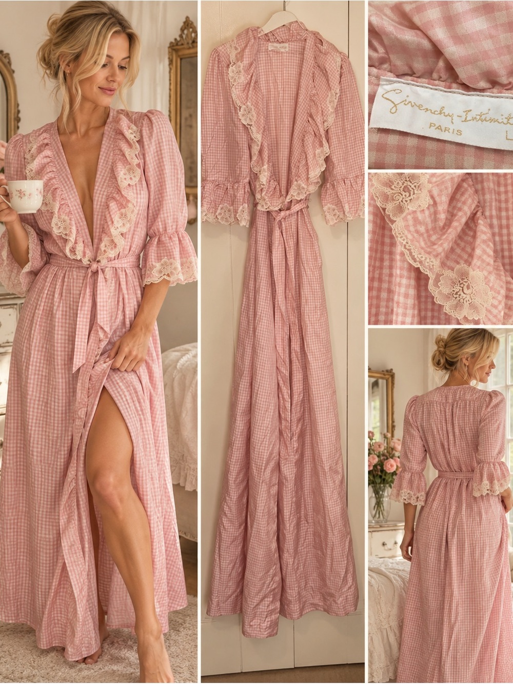 VTG *SUPER RARE* Givenchy Intimates Sz L Pink Gingham COQUETTE Lace-Trim Robe